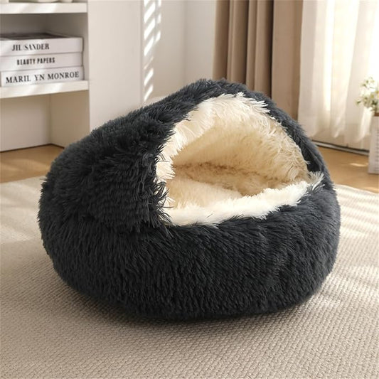 Nest Bed - Lapcatz Cat Beds for Indoor Cats, Fluffy Cat Bed Cave Plush Warm Nest for Cats (Black,M 20"x20")