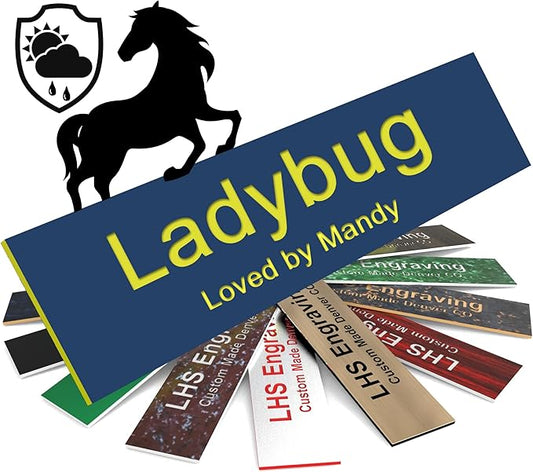 Horse Stall Name Plate, 2x8 Personalized Stall Signs, UV Protected, All Weather Adhesive, Hanging, Mounting or Other, Blue Plastic with Yellow Letters - Made in USA - B20