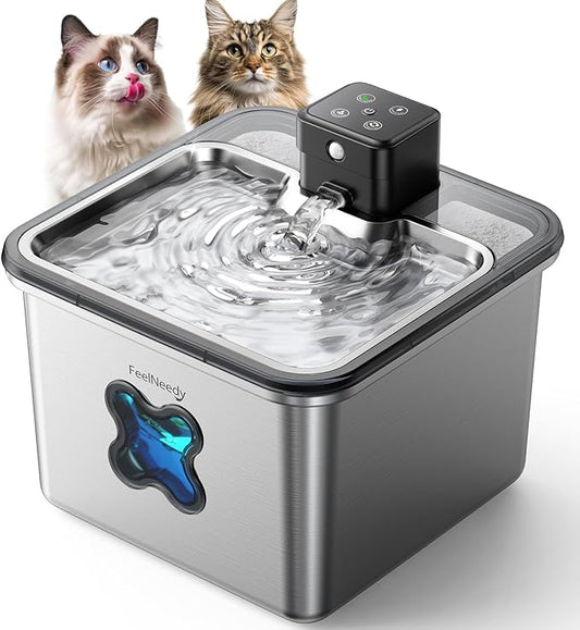 Cat Water Fountain Cordless: [Visual Filter] & [Heavy-Duty Stainless Steel] FEELNEEDY- Premium, Durable Design. 3.2L/108oz, 4000mAh Battery Operated Pet Fountain with Sensor, for Cats and Dogs