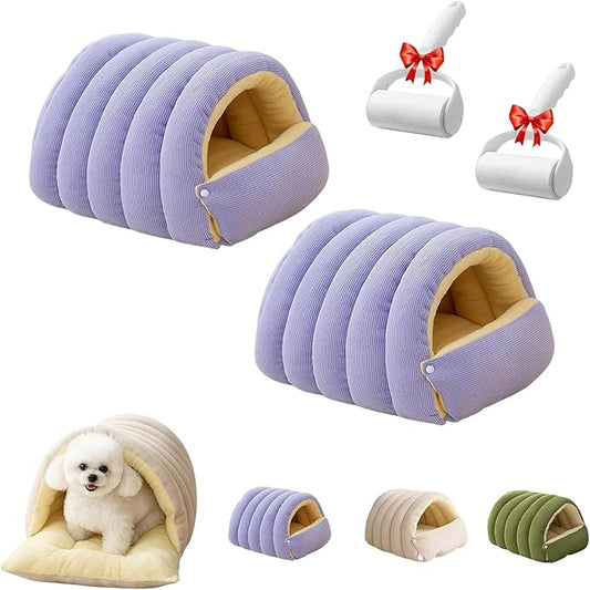 Removable and Washable Winter Closed-Off Cat Bed, Cat Winter Cave, Cute Cat Beds for Indoor Cats, Disassembled Design for Easier Cleaning, with Hair Remover (2PcsPurple, 22.4 * 14.6 * 11.0 in)