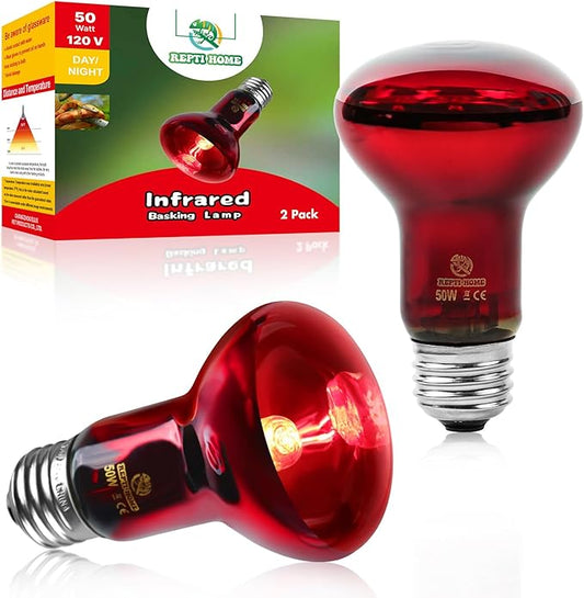 Infrared Reptile Heat Lamp Bulbs,2 PCS 50W Reptiles & Amphibians Infrared Basking Spot Lamp Bulb, Red Heat Emitter Light for Chickens Coop