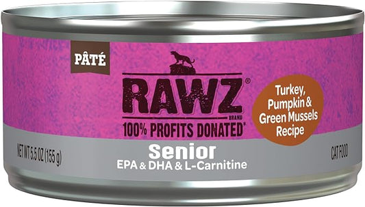Rawz Natural Premium Pate Canned Cat Wet Food - Made with Real Meat Ingredients No BPA or Gums - 5.5oz Cans 24 Count (Turkey & Green Mussels for Seniors)