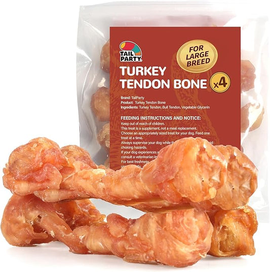 TailParty Turkey Tendons for Dogs, 5.08 oz, Large Dog Training Treats, Natural Long-Lasting Chew Snacks, High-Protein Beef Tendons, Healthy Hypoallergenic Turkey Bone(4 Units/Pack)
