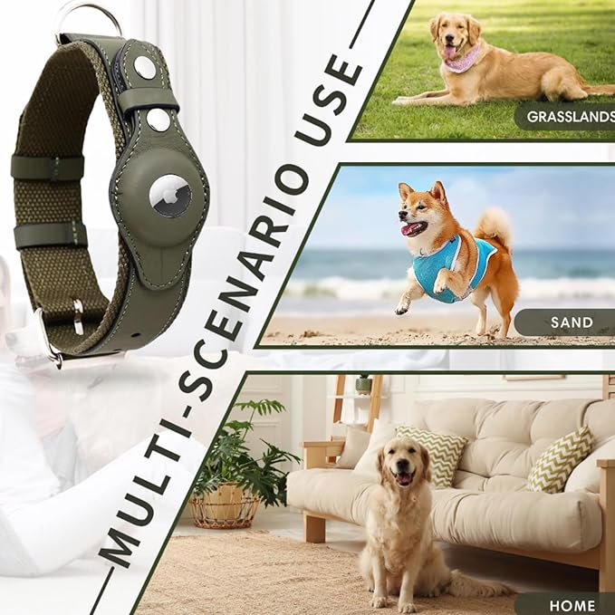 AirTag Dog Collar Soft Leather Webbing Dog Collar for AirTag Provides Double Protection for Small Medium and Large Dogs(Black,L)