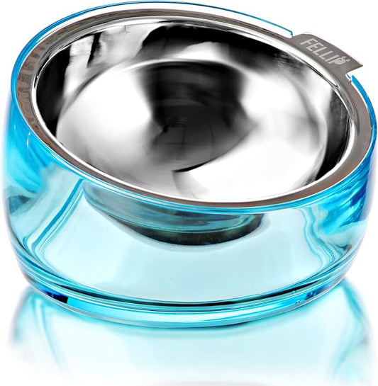 Felli Pet Oblik Slanted Dog Food Water Bowl Elevated Stainless Steel Oval Dish Ergonomic Angled Metal Feeder Spill Proof Non Slip, Raised Acrylic Cone for Bulldog Pug Small Medium (1.5Cup Sapphire)