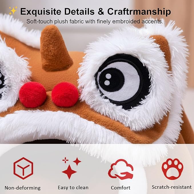 Cute Lion Head Pet Beds for Cats, Chinese Lion Dance Lion Cats Bed, Soft Cozy Plush Cat House & Dog Cave with Cushion for Small Medium Cats Dogs (Coffee,M)