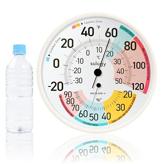 sology Analog Thermo-Hygrometer, Thermometer, Hygrometer, Large, Made in Japan, High Accuracy, No Batteries Required, Indoor, Easy to See, Analog, Comfort Zone, Caution Zone, Wall Hanging, White