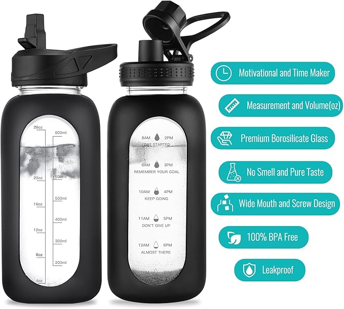 32 oz Glass Water Bottle with Straw and Handle, Sports Motivational Water Flask with Silicone Sleeve, Large Leakproof Water Flask Cup with Time Marker for Travel, Gym, Army Green