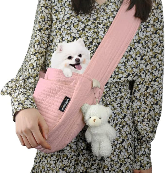 NATUYA Small Dog Carrier Sling, Adjustable Strap Lightweight Comfy Puppy Pouch, Hand Free Pet Dog Sling Walking Subway Travel Toy Dog Carrying Bag (Pink,Adjust Strap-Canvas)