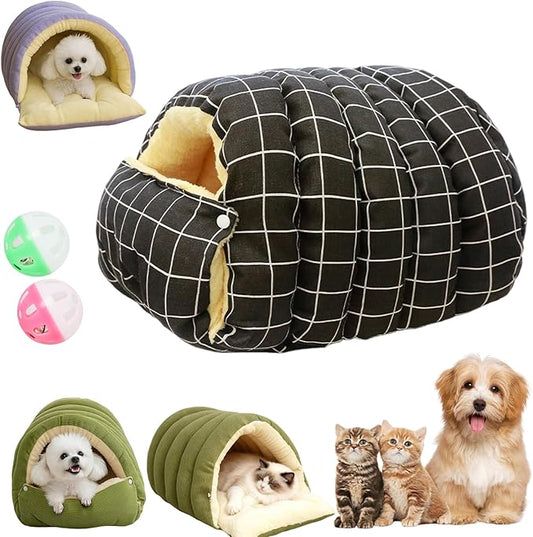 Expectation Cat Bed, Removable and Washable Winter Closed-Off Cat Bed, Soft Fluffy Warm Autumn/Winter Cats House, Washable Non-Slip Pet Sleeping Bag for Indoor Cats Small Dogs (H,Large)