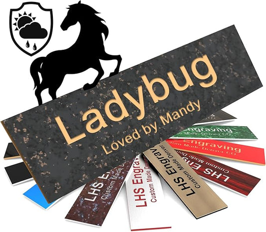 Horse Stall Name Plate, 2x8 Personalized Stall Signs, UV Protected, All Weather Adhesive, Hanging, Mounting or Other, Charcoal Marble Pattern Plastic Gold Letters - Made in USA - S6