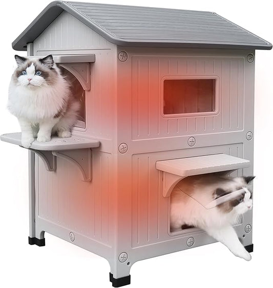Rockever Plastic Insulated Outdoor Cat House with Escape Door, 2 Story Waterproof Cat House for Outdoor Cats for Feral Cats, Elevated Outside Cat Shelter, Clean and Assemble Easily
