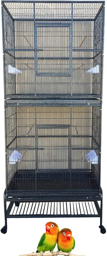 Large Double Durable Stacker Breeding Bird Flight Parrrot Separate Cages Side Nesting Box Doors Double Feeder Cup Easy Clean Pull Out Grate & Tray with Detachable Rolling Stand