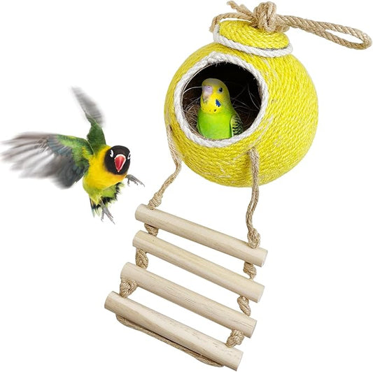 Tfwadmx Coconut Hide with Ladder, Natural Coconut Fiber Hanging Birdhouse Cage, Handmade Sisal Rope & Coconut Bird Shell Breeding Nest for Parrot Parakeet Lovebird Finch Canary (2 Pcs Yellow)