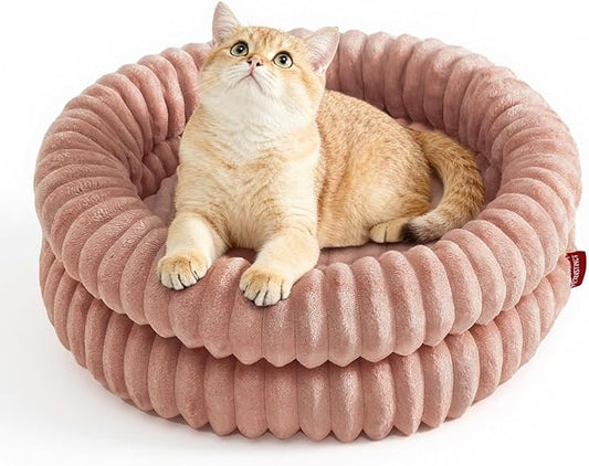 Fluffy Cat Beds for Indoor Cats, Washable Round Orthopedic Kitten Bed, Ultimate Soft Fuzzy Pet Bed for Small Dogs with Non-Slip Bottom, 19.7x19.7x6.3 in, Dark Pink