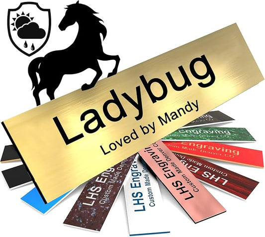 Horse Stall Name Plate, 2x8 Personalized Stall Signs, UV Protected, All Weather Adhesive, Hanging, Mounting or Other, Brushed Brass Plastic Black Letters - Made in USA - M6
