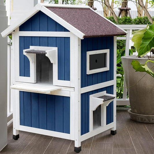 Rockever Outdoor Cat House, Large Outdoor Houses for Feral Cats Wooden Outside Cat Shelter Weatherproof with Escape Door