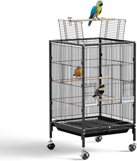 VINGLI Bird Cage with Wheels, 38-Inch Open Top Wrought Iron Bird Cage, Rolling Parakeet Cage for Cockatiels Lovebird Finches Canaries