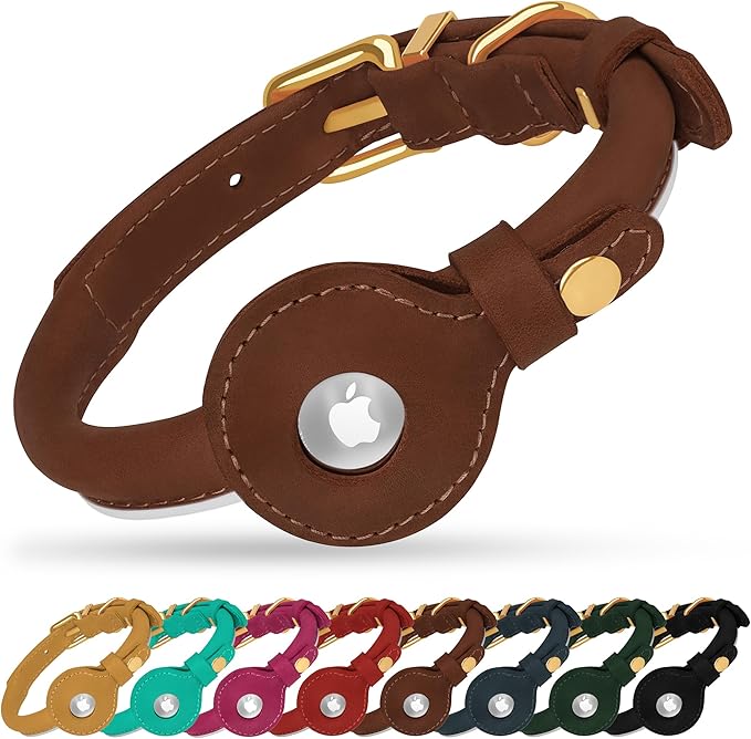 OOPSDOGGY Rolled Leather Dog Collar with Airtag Holder - Reflective Round Airtag Dog Collar - Soft Tracking Pet Collar for Small Dogs Puppy Cats Kitten (Brown, XL, 17"-21")