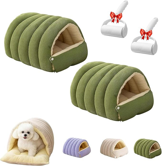 Removable and Washable Winter Closed-Off Cat Bed, Cat Winter Cave, Cute Cat Beds for Indoor Cats, Disassembled Design for Easier Cleaning, with Hair Remover (2PcsGreen, 22.4 * 14.6 * 11.0 in)