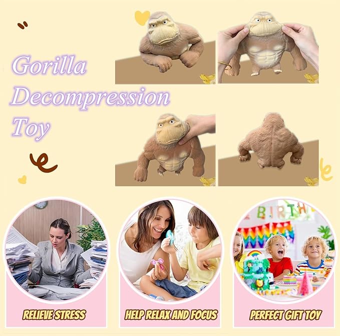 Stretchy Glue-Sand Filled Rubber Gorilla, Latex Gorilla Soft Decompression Doll Toy,Squishy Monkey Toy, Animal High-Elastic Stretchable, Decompression Toy for Adults and Children (Gorilla-S)