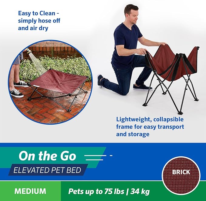 Coolaroo On-The-Go Elevated Dog Bed - Foldable Pop-Up Travel Dog Bed with Breathable, Moisture-Resistant Fabric, Carry Bag Included, Lightweight & Portable, Brick, Medium