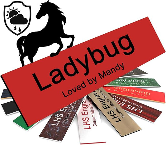 Horse Stall Name Plate, 2x6 Personalized Stall Signs, UV Protected, All Weather Adhesive, Hanging, Mounting or Other, Red Plastic Black Letters - Made in USA - B14