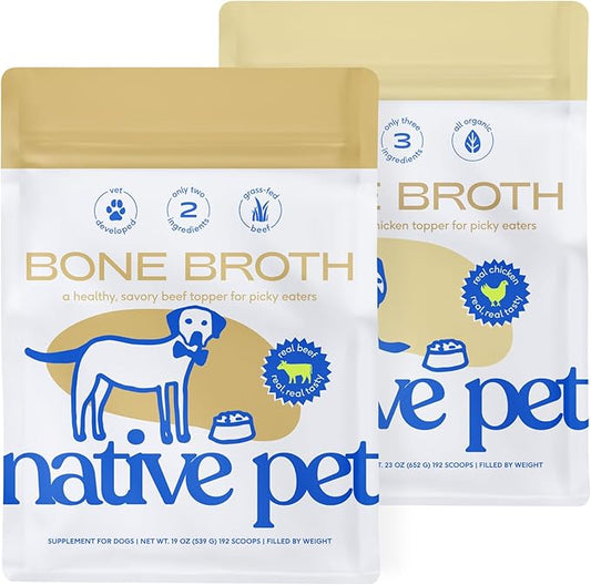 Native Pet Bone Broth Big Pack Bundle - Chicken (23 Oz.) & Beef (19 oz.) Flavored Dog Food Topper for Picky Eater - Dog Gravy & Bone Broth Powder