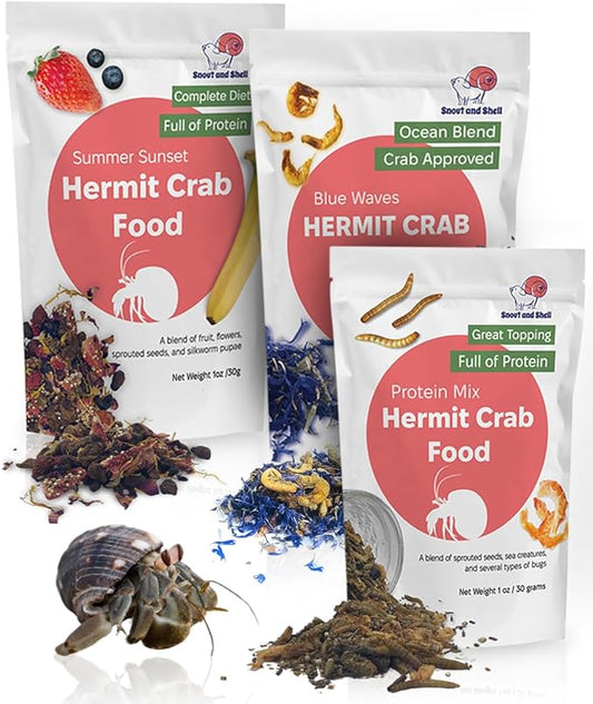 Snout and Shell Hermit Crab Food Variety Pack – Blue Waves, Protein Mix & Summer Sunset – High-Protein Whole Food Diet with Seafood, Seeds, Fruits & Flowers – Natural Foraging Blend for Healthy Crabs