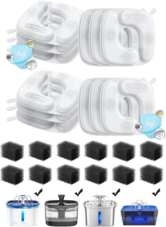 Veken Cat Water Fountain Filters, 12 Pack Replacement Filters & 12 Pack Replacement Pre-Filter Sponges Set for 50oz, 84oz, 95oz or 108oz Automatic Pet Fountain Dog Water Dispenser