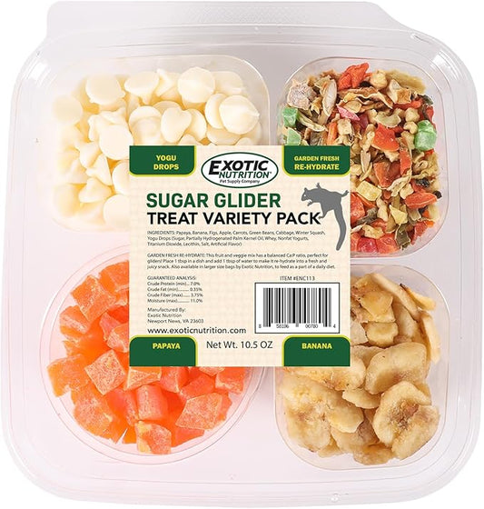 Exotic Nutrition Sugar Glider Treat Variety Pack (9.5 oz.) - Healthy Natural Sugar Glider Treat Assortment - Yogu Drops, Mango, Garden Fresh Re-Hydrate, and Banana - Sampler Variety Value Package