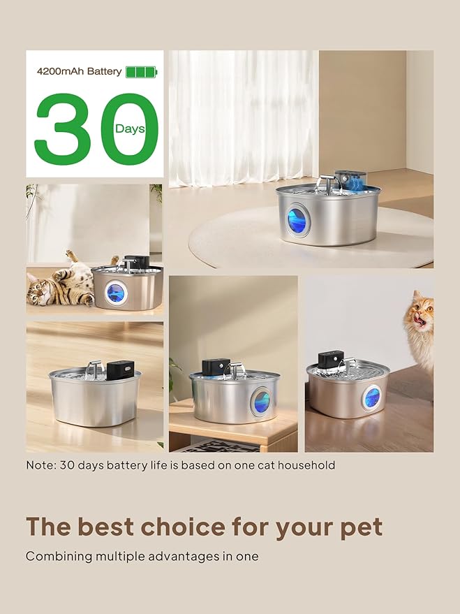 Voluas Cat Water Fountain Stainless Steel: 108oz/3.2L Wireless Cat Fountain Battery Operated for Drinking Indoor, Cordless Automatic Pet Water Dispenser Bowl with Water Level Window, BPA-Free