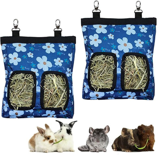 Guinea Pig Hay Feeder, Hanging Rabbit Hay Feeder Bag for Guinea Pigs Bunnies Chinchillas. Blueflower, 2 Count