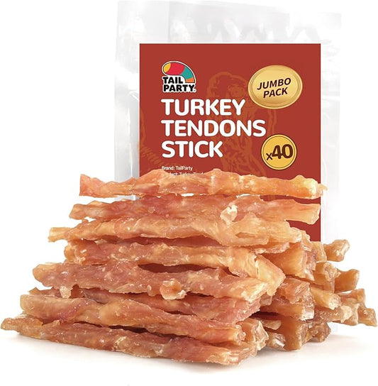 TailParty Turkey Tendons for Dogs, 1 lb, Dog Training Treats, Natural Long-Lasting Chew Snacks, High-Protein Beef Tendons, Healthy Hypoallergenic Turkey Strips, Jumbo Pack(40 Units/Pack)