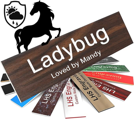 Horse Stall Name Plate, 2x6 Personalized Stall Signs, UV Protected, All Weather Adhesive, Hanging, Mounting or Other, Teak Plastic White Letters - Made in USA - N7