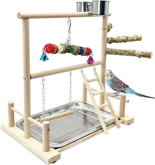 kathson Bird Playground Natural Wood Parrot Play Gym Playstand Wooden Parakeet Playpen with Feeder Cups Perches Removable Tray Bird Cage Accessories for Lovebirds Conure Cockatiel Budgie