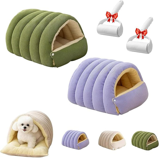 Removable and Washable Winter Closed-Off Cat Bed, Cat Winter Cave, Cute Cat Beds for Indoor Cats, Disassembled Design for Easier Cleaning, with Hair Remover (Green+Purple, 22.4 * 14.6 * 11.0 in)