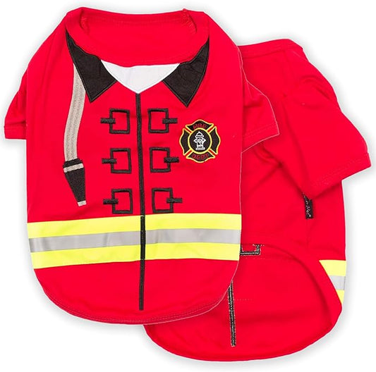 Parisian Pet Embroidered Dog Firefighter Costume - 100% Cotton and Polyester - Sleeved Pet Shirt - Red - XL