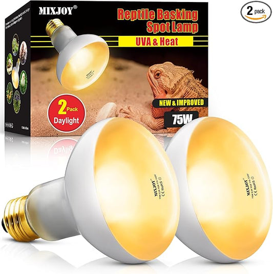 MIXJOY 75W Reptile Heat Lamp Bulbs, 2Pack Heat Lamp Bulbs for Reptiles Basking Bulbs UVA Daylight Basking Light Amphibians Heating Lamp Emitter for Lizard, Tortoise, Bearded Dragon Gecko, Chicken