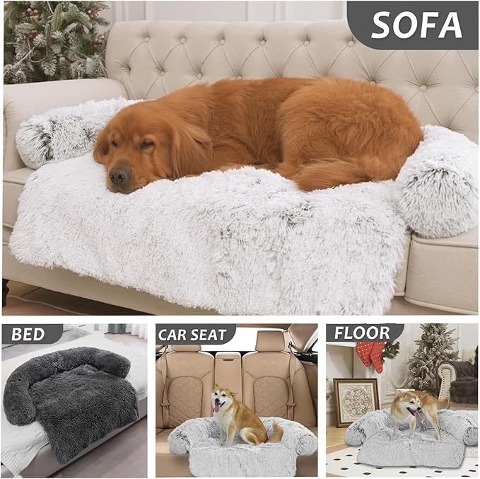 Calming Dogs/Cats Bed Mats, Dog Pad Washable Removable Couch Cover, Plush Long Fur Mat for Pets, Waterproof Lining, Perfect for Small, Medium and Large Dogs and Cats (Dark Gray, 41"x37")