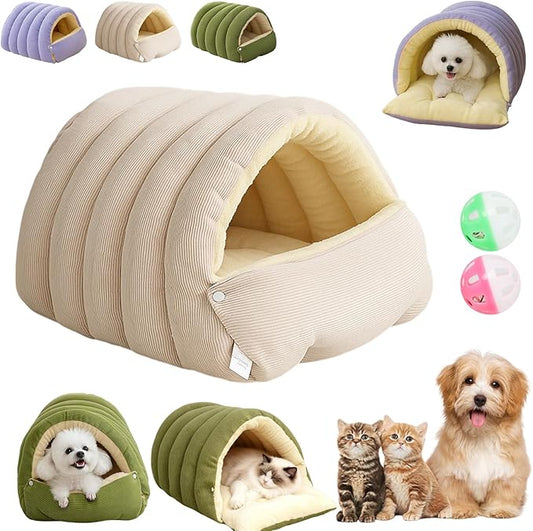 Expectation Cat Bed, Removable and Washable Winter Closed-Off Cat Bed, Soft Fluffy Warm Autumn/Winter Cats House, Washable Non-Slip Pet Sleeping Bag for Indoor Cats Small Dogs (Beige,Medium)