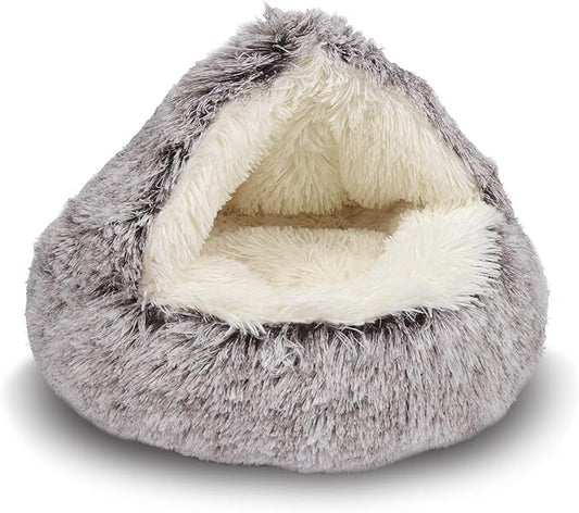 ShinHye Cat Bed Round Plush Fluffy Hooded Cat Bed Cave, Cozy for Indoor Cats or Small Dog beds, Soothing Pet Beds Doughnut Calm Anti-nxiety Dog Bed - Waterproof Bottom Washable, (23×23inch, Coffee)
