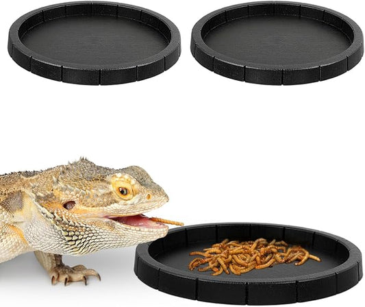 Popetpop 2 Pcs Reptile Feeding Dish: Plastic Turtle Food Bowl, Reptile Food Dish for Tortoise, Leopard Gecko, Lizard, Bearded Dragon, Snake Drinking and Eating (Black, 6.9 Inch)