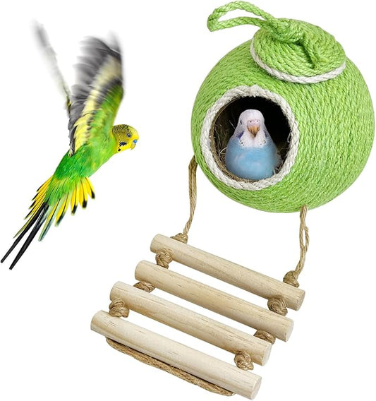 Tfwadmx Coconut Hide with Ladder, Natural Coconut Fiber Hanging Birdhouse Cage, Handmade Sisal Rope & Coconut Bird Shell Breeding Nest for Parrot Parakeet Lovebird Finch Canary (2 Pcs Green)