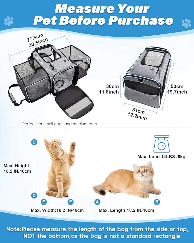Expandable Travel Pet Bag, Scratch-Resistant Breathable Mesh, Crossbody&Tote Design, Durable&Spacious, Pet Carrier with High-Visibility Windows, Easy-Cleaning Fabric, Removable Soft Pad&Shoulder Strap