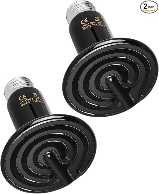 HealSmart Reptile Heat Lamp 75W 2-Pack Ceramic Heat Emitter, No Light Emitting Heat Bulbs for Amphibian Pet Brooder Coop Incubating Chicken, Lizard Bearded Dragon Turtle Snake Terrarium, Black