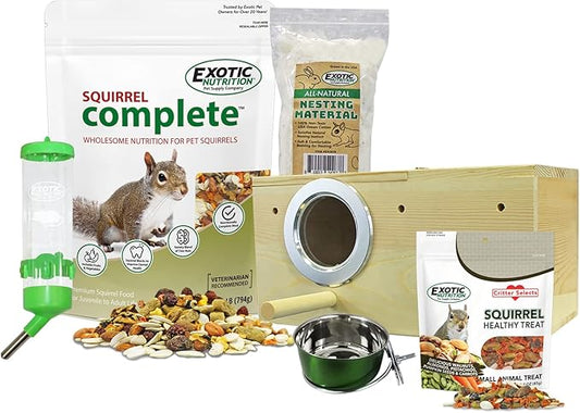 Exotic Nutrition Starter Package for Squirrels - Includes Healthy Food, Nest Box, Nesting Material, Natural Treat, Water Bottle & Food Dish