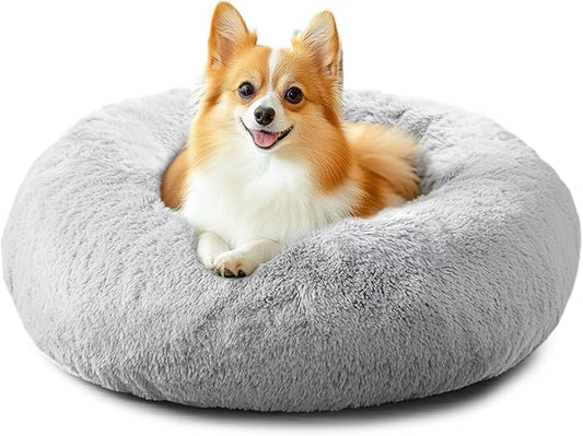 JOLLYVOGUE Calming Dog & Cat Bed for Small Dogs, Anti-Anxiety Donut Cuddler Cozy Soft Round Bed with Anti-Slip Bottom, Fluffy Faux Fur Plush Cushion Beds for Small Dogs, 23"/Smoke Gray