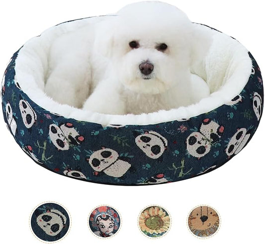 Circular Calming Dog & Cat Bed Anti-Anxiety Washable with Anti Slip Backing Donut Cuddler with Cute Jacquard Patterns for Cat and Small Puppy (Small-23in, Panda)
