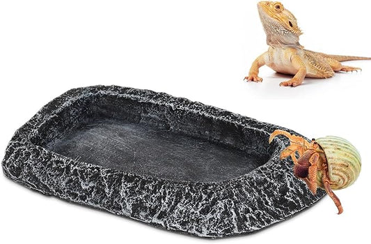 Reptile Water Dish for Bearded Dragon Tank Accessories, Hygger zoo Hermit Crab Food Bowl Reptile Food Dish Corner Rock Terrarium Feeding Bowl Tortoise Water Dish for Leopard Gecko Turtle Snake, Black